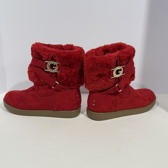 G by GUESS GALLIO RED FAUX FUR SLIP ON ANKLE BOOTS BOOTIE Women’s Size 5.5M - Picture 13 of 16